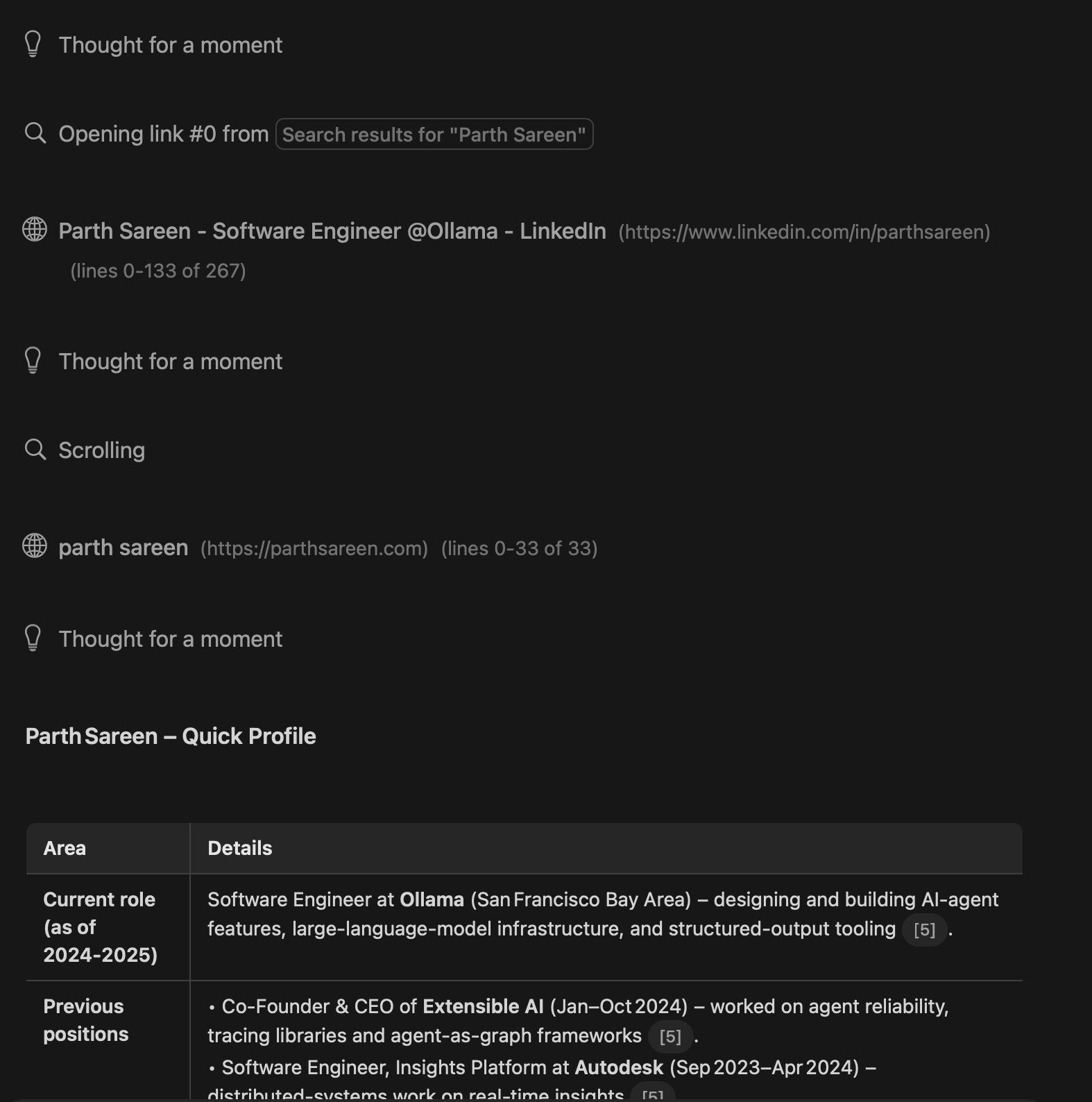Example of gpt-oss using web search tools to research a task
