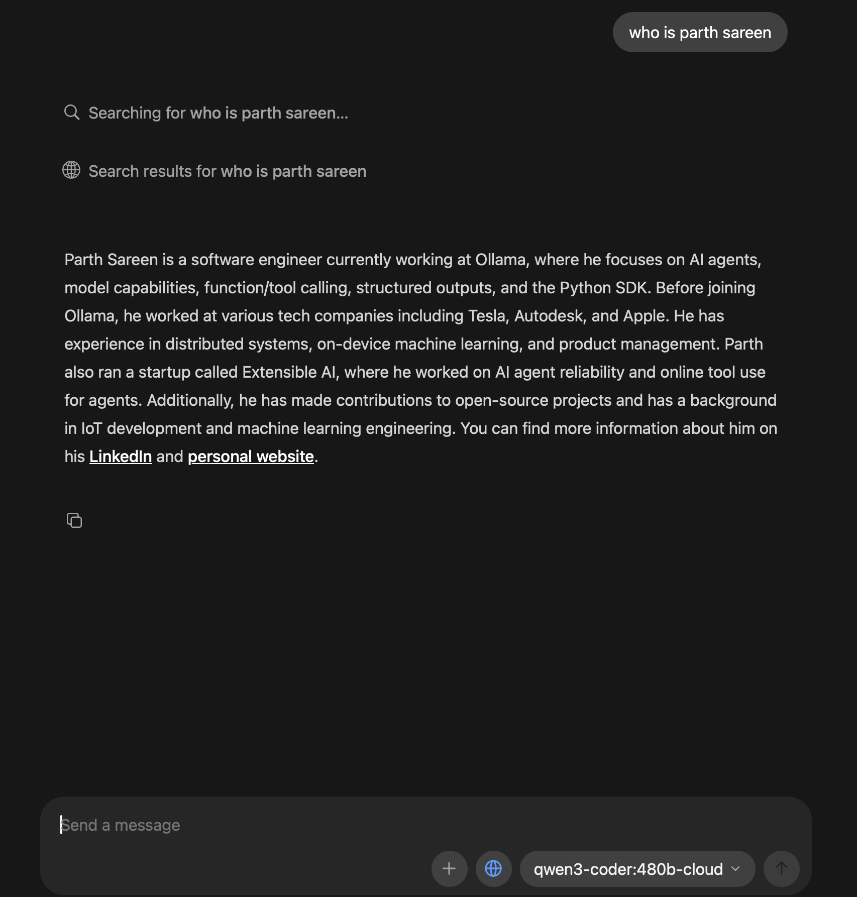 Example of qwen3-coder:480b cloud using web search tools to research a task